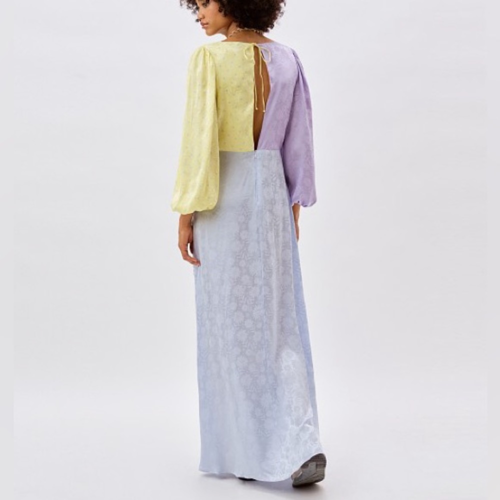 For love and lemons colorful silky full-length deep V front and back dress